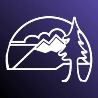 An outline of a tree and a mountain on a purple background. 